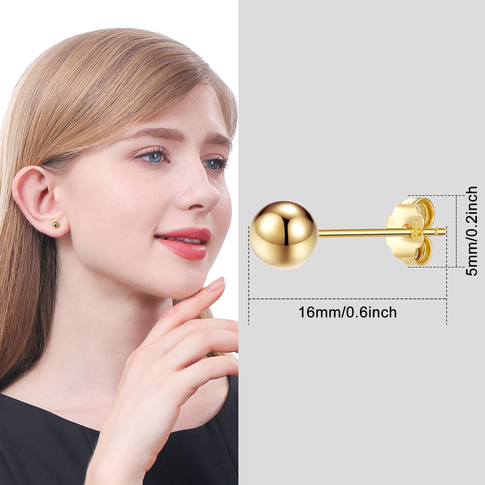 ToHeart Stud Ball earrings Women Hypoallergenic Gold Flat Back Stud Earrings - Image 3
